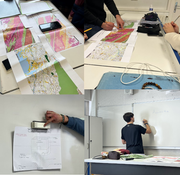 Collage of pictures showing people in a workshop pointing at geological maps and whiteboards.