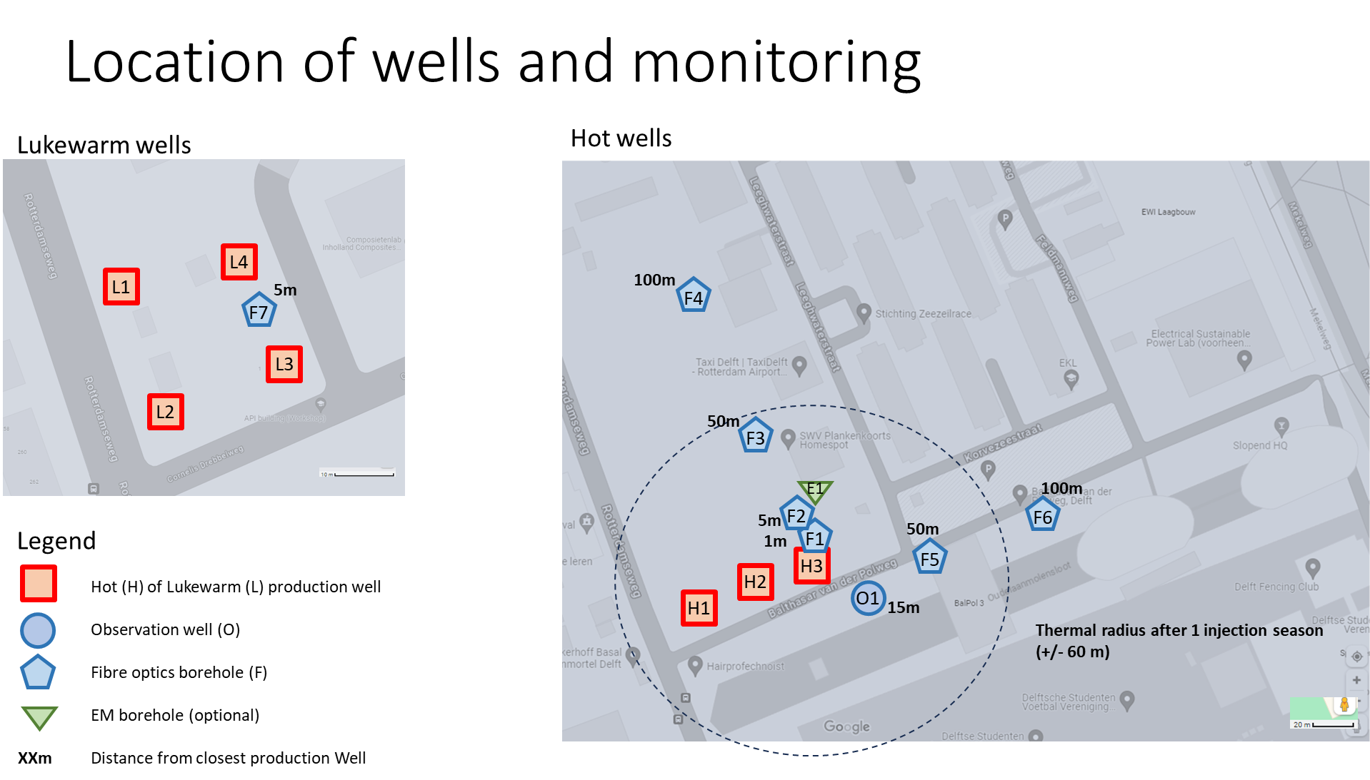 Maps showing the location of the lukewarm wells and hot wells on the TU Delft campus