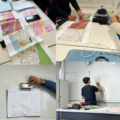 Collage of pictures showing people in a workshop pointing at geological maps and whiteboards.